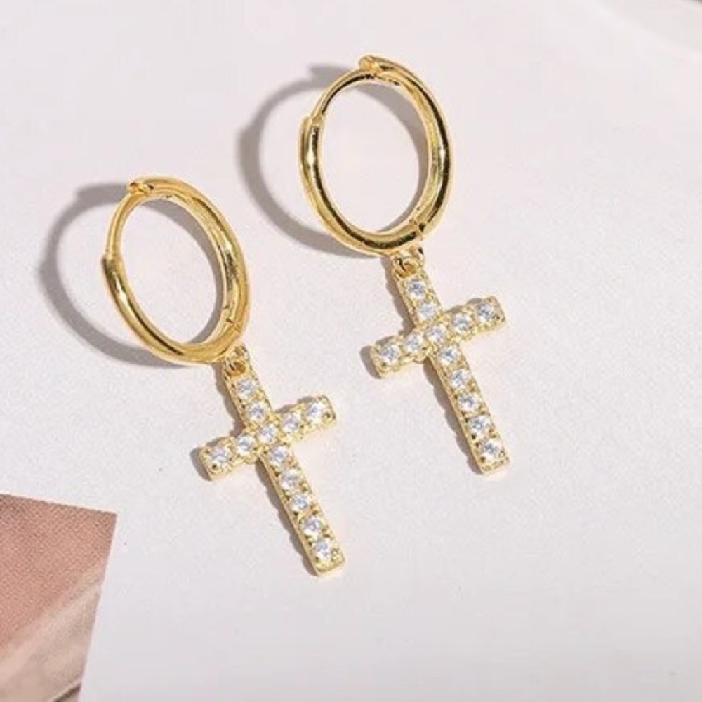 New Sterling Silver Gold Plated Micro Paved Charm Cross Earrings - Picture 5 of 7